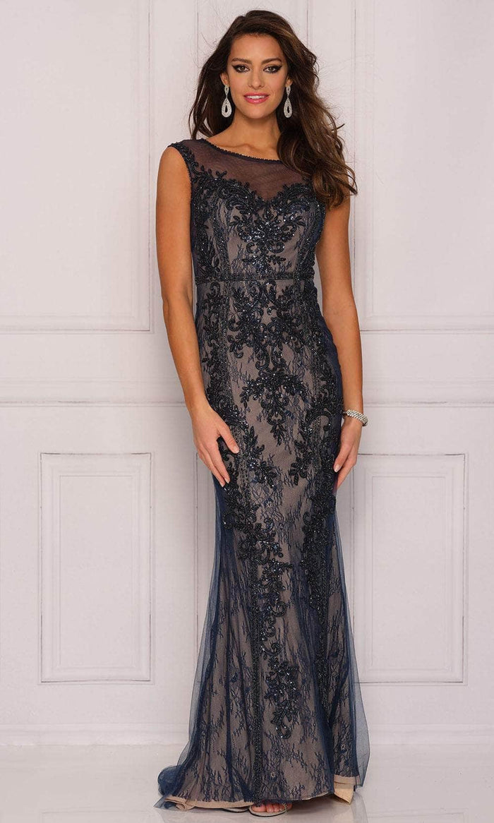 Illusion Bateau Evening Gown A8442 Prom Dresses 00 / Navy Blue