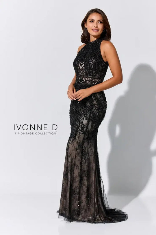 Ivonne D for Mon Cheri - 218D27 Beaded Lace Sheer Halter Fitted Dress