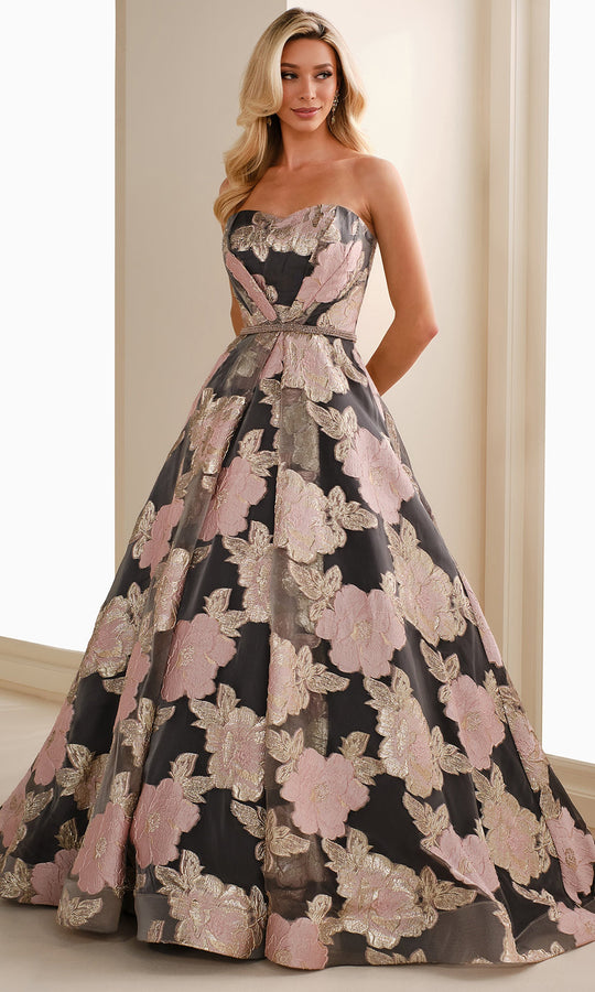 Ivonne D ID1410 - Floral Brocade A-Line Gown with Belt
