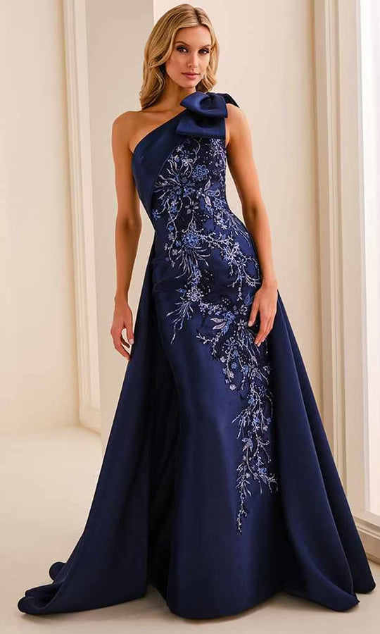 Ivonne D ID2207 - One Shoulder Column Dress with Overskirt