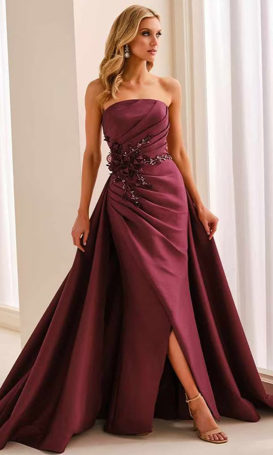 Ivonne D ID2210 - Floral Applique Front Slit Overskirt Dress