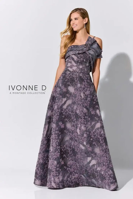 Ivonne D ID304 - Asymmetric Neck Brocade Evening Gown