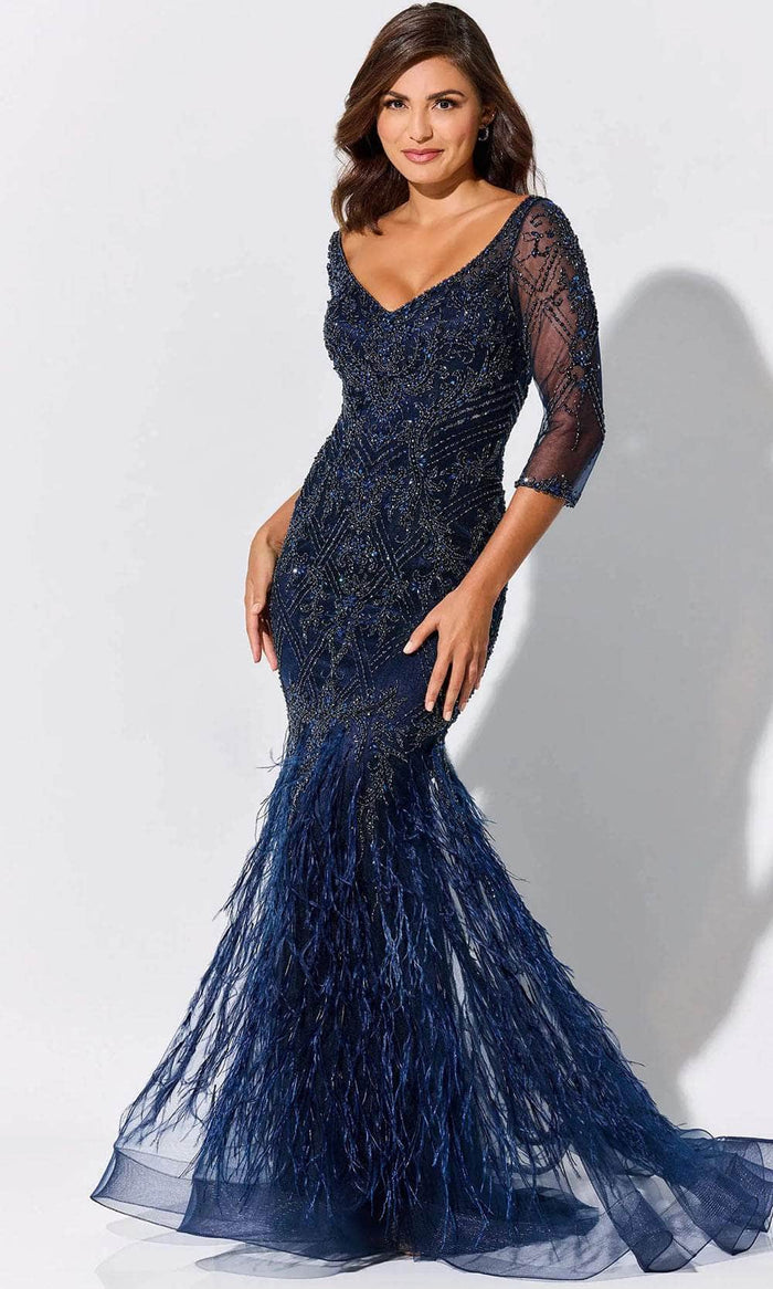 Ivonne-D ID318 - Feather Detailed Fitted Bodice Prom Gown Prom Dresses 4 / Navy Blue