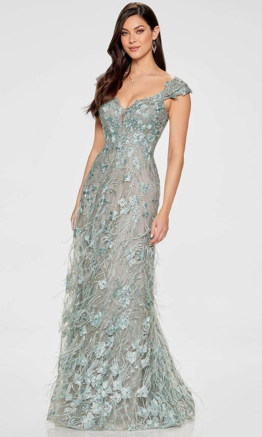 Ivonne D ID807 - Cap Sleeve A-Line Gown with Feathers and Lace