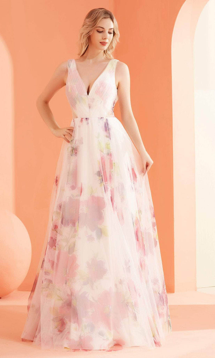 J'Adore Dresses J22010 - Floral Printed V Neck Flowy Dress Prom Dresses 2 / Pink/Ivory