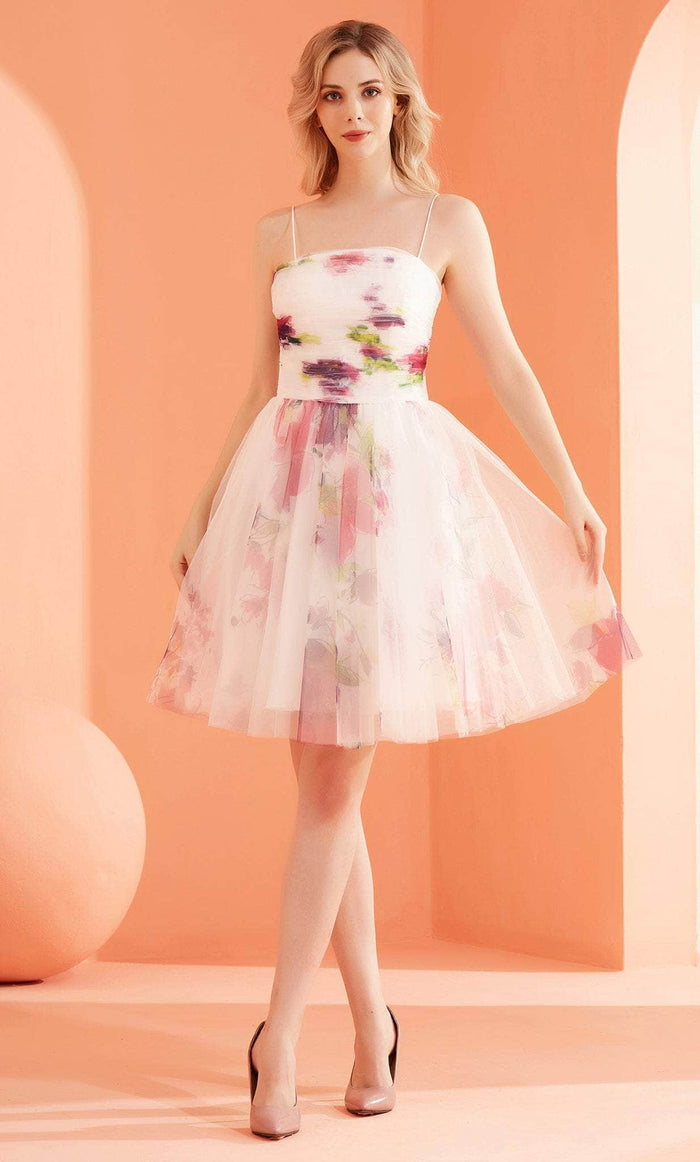 J'Adore Dresses J22077 - Floral Printed Fit and Flare Dress Floral Dress 2 / Pink/Ivory