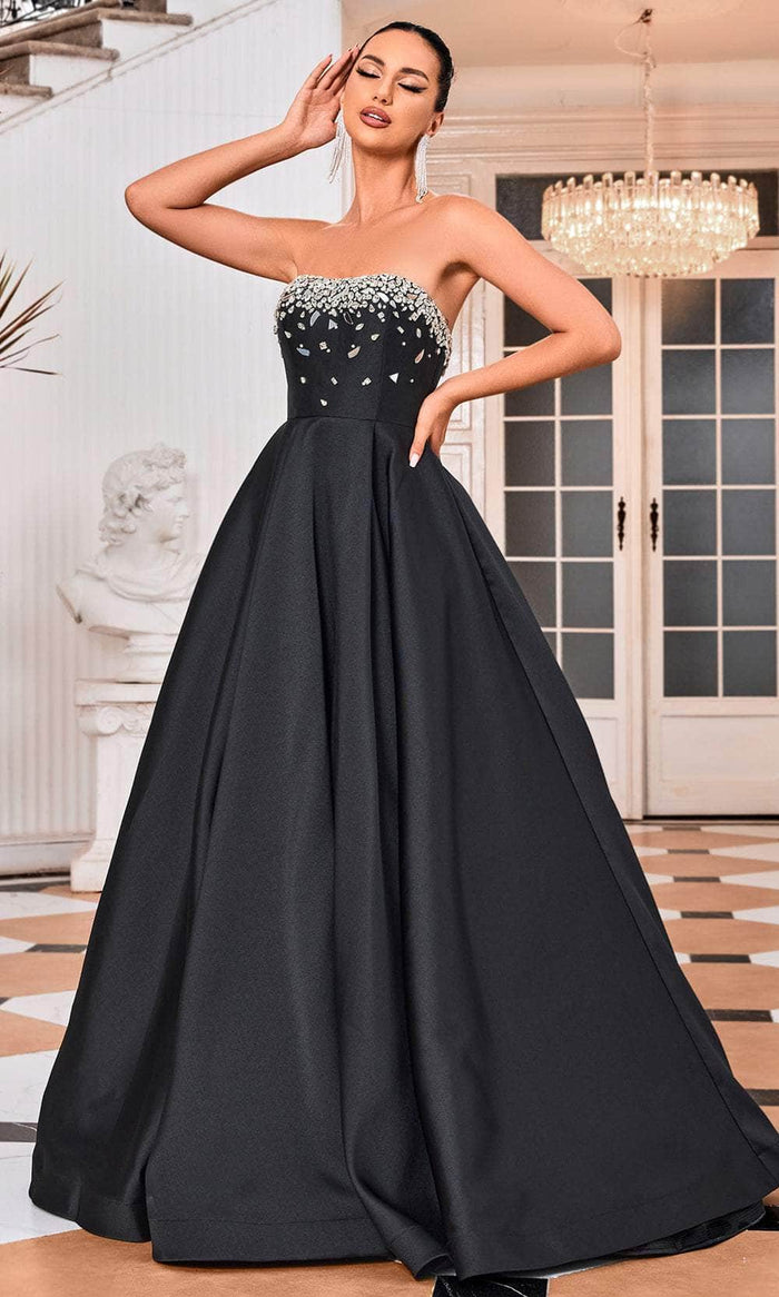 J'Adore Dresses J24009 - Bejeweled Straight-Across Prom Dress Prom Dresses 2 / Black