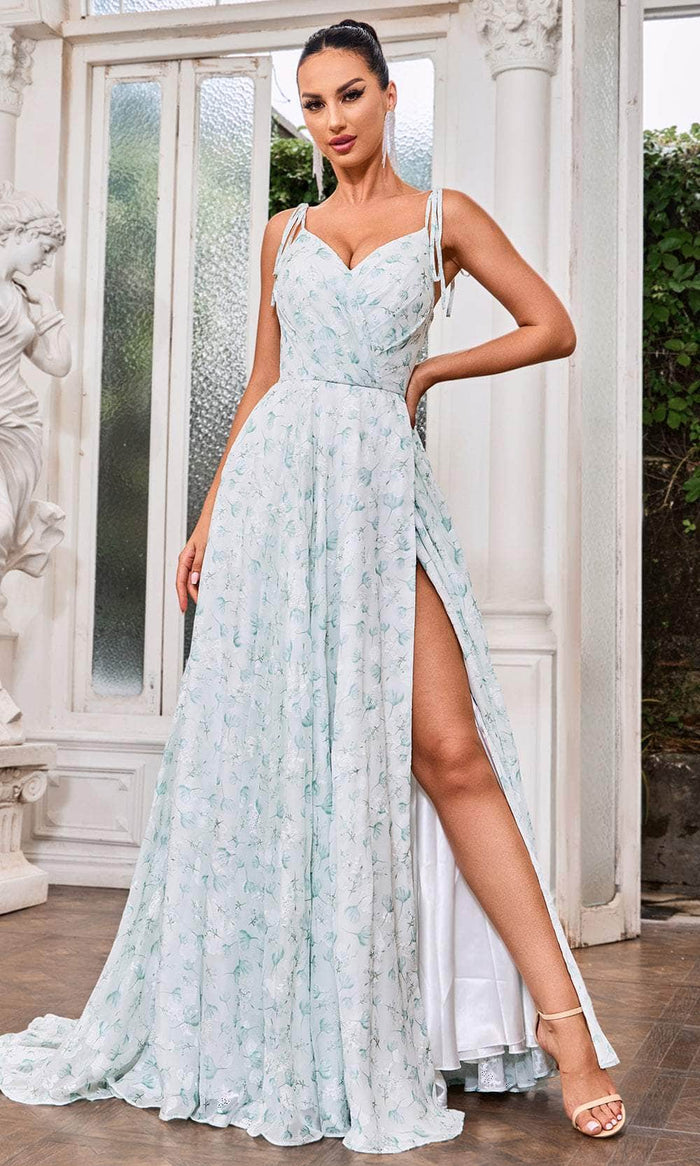 J'Adore Dresses J24018 - Floral Print High Slit Prom Dress Prom Dresses