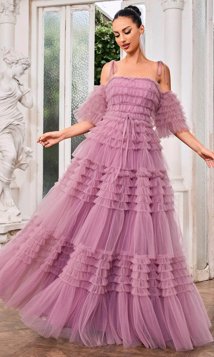 J'Adore Dresses J24043 - Straight Across Tiered Tulle Evening Gown Evening Dresses 2 / Mauve