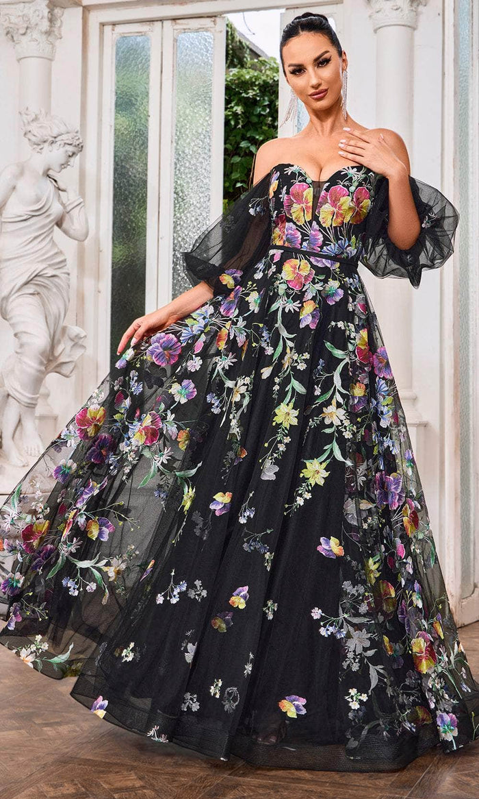 J'Adore Dresses J24047 - Puff Sleeve Floral Evening Gown Evening Dresses 2 / Black/Multi