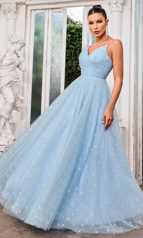 J'Adore Dresses J24049 - Floral Appliqued V-Neck Evening Gown