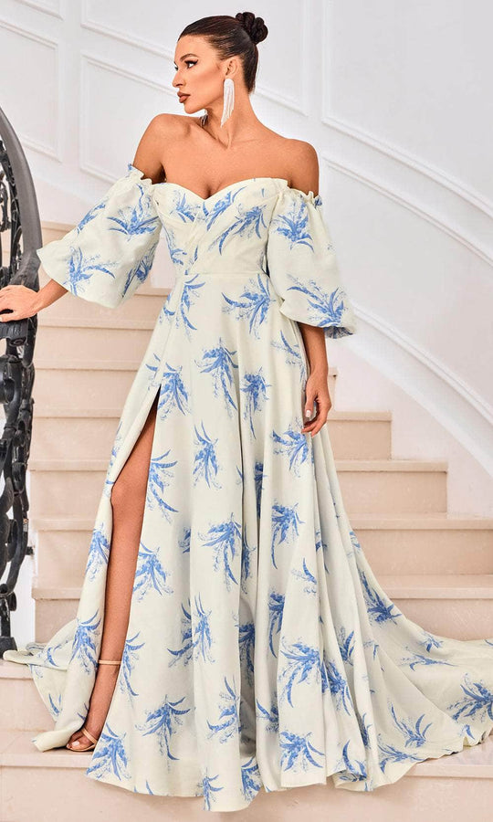 J'Adore Dresses J24053 - Bell Sleeve Printed Evening Gown
