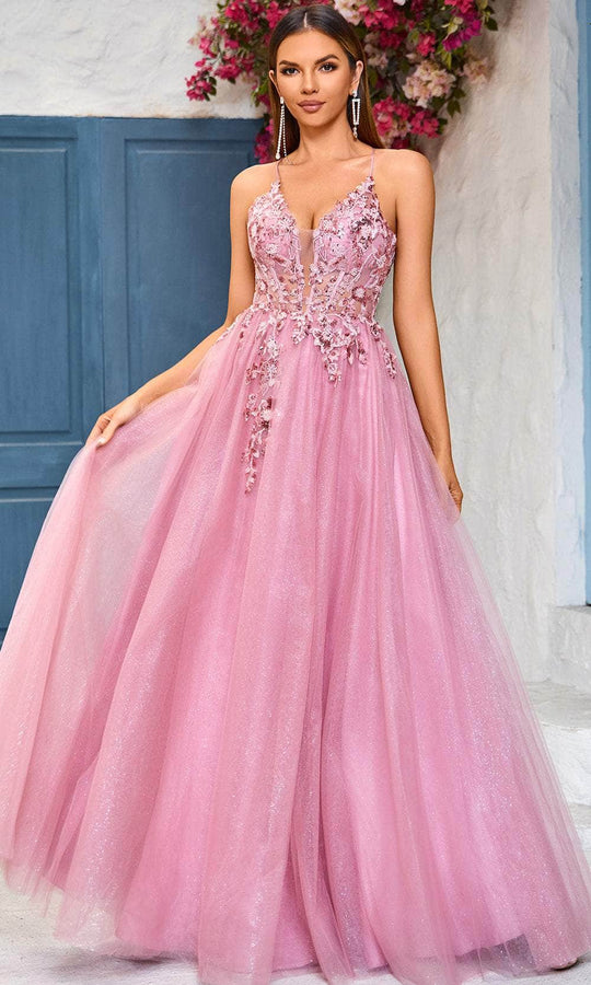 J'Adore Dresses J25018 - Embroidered Corset V-Neck Evening Dress