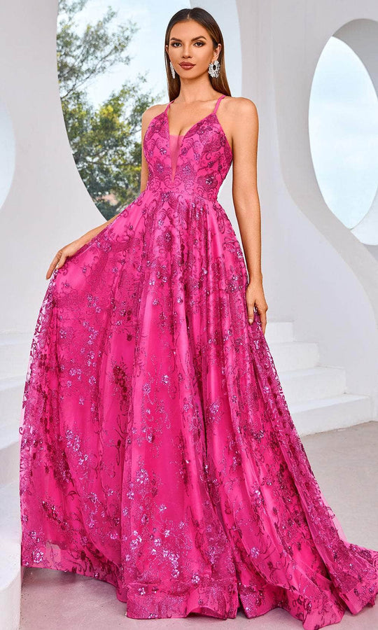 J'Adore Dresses J25021 - Plunging Neckline Sequin Evening Dress