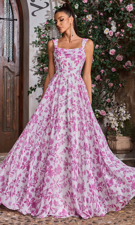 J'Adore Dresses J26043 - Floral Print A-Line Skirt Evening Dress