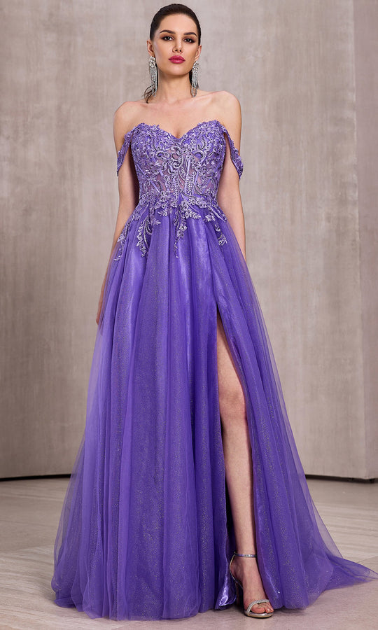 J'Adore Dresses J28027 - Embroidered Off Shoulder Tulle Ballgown