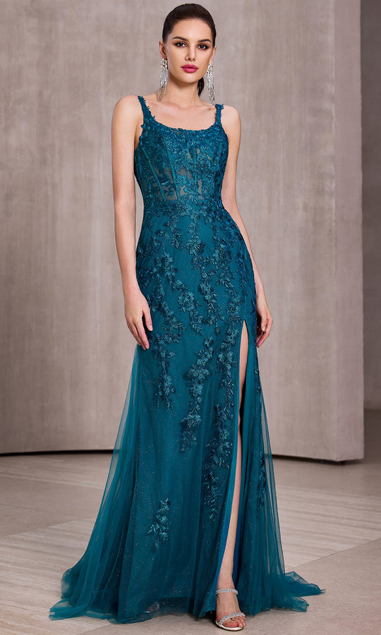 J'Adore Dresses J28028 - Floral Embroidered Lace-Up Back Evening Gown