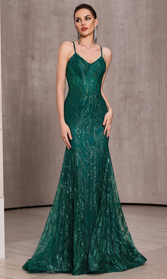 J'Adore Dresses J28042 - Illusion Corset Glitter Tulle Sheath Gown