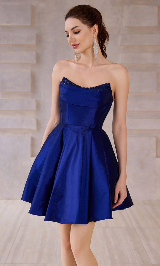 J'Adore Dresses J28074 - Scoop Neck Short Dress with Beaded Trim
