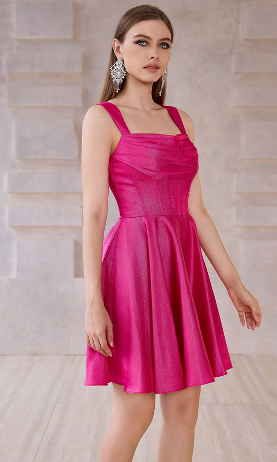 J'Adore Dresses J28084 - Shimmer Satin Draped Neckline Short Dress