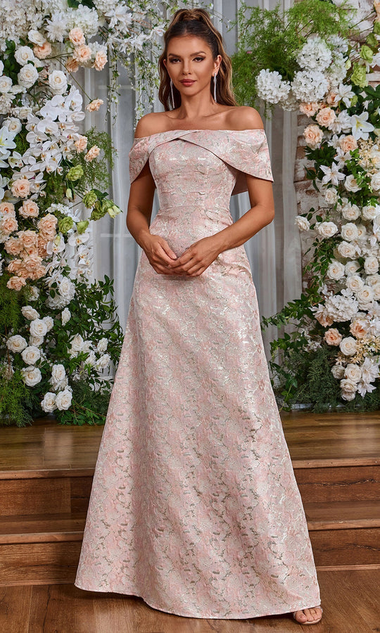 J'Adore Dresses JM302 - Off Shoulder A-Line Long Brocade Dress