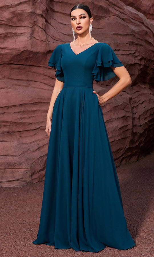 J'Adore Dresses JM402 - Flutter Sleeve Flowing A-Line Evening Gown