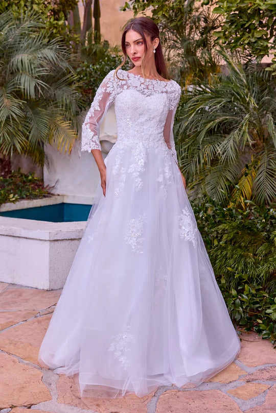 Ladivine Bridal J883W - Embroidered Ballgown with Sheer Sleeves