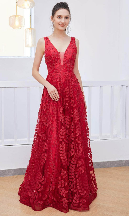 J'Adore Dresses J21038 - Sleeveless Leaf Applique Long Dress