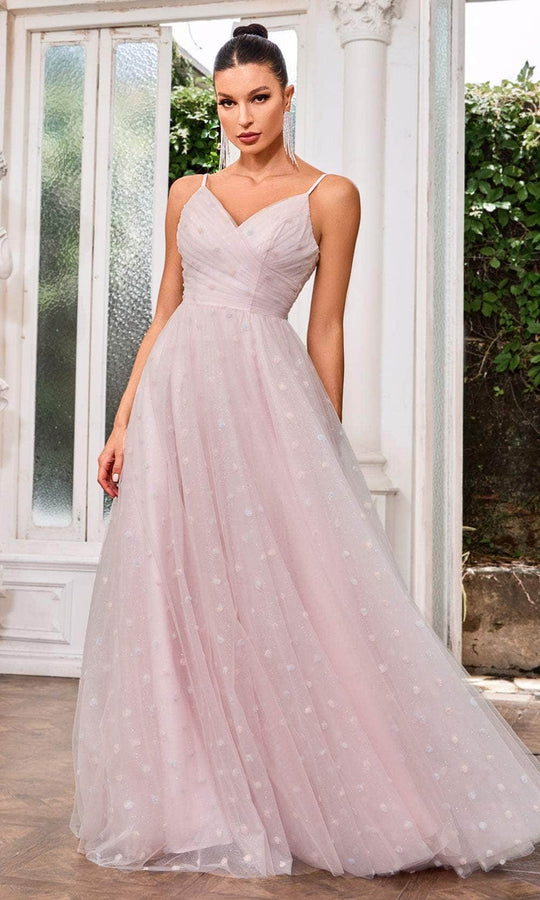 J'Adore Dresses J24049 - Floral Appliqued V-Neck Evening Gown