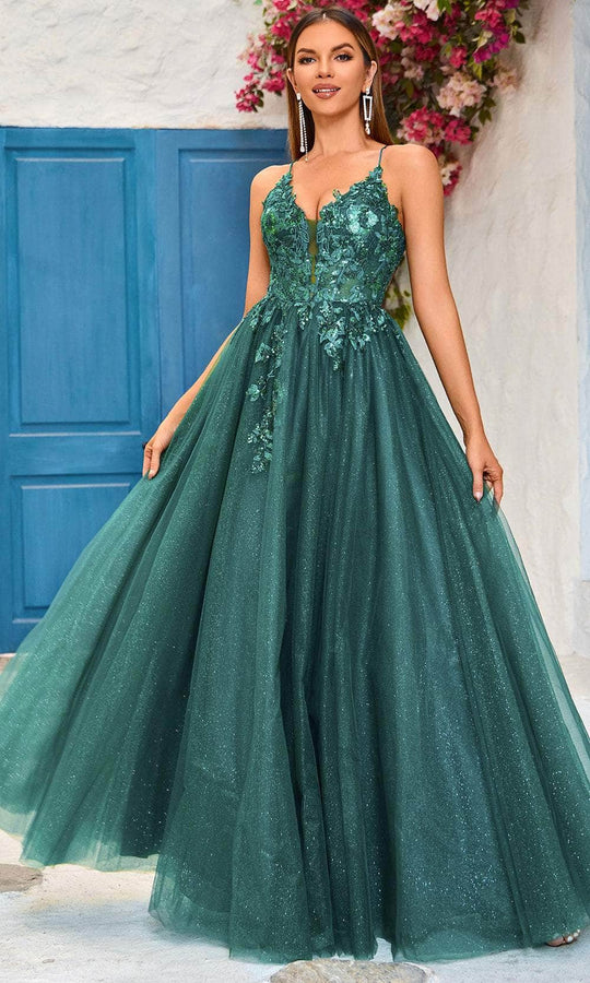 J'Adore Dresses J25018 - Embroidered Corset V-Neck Evening Dress