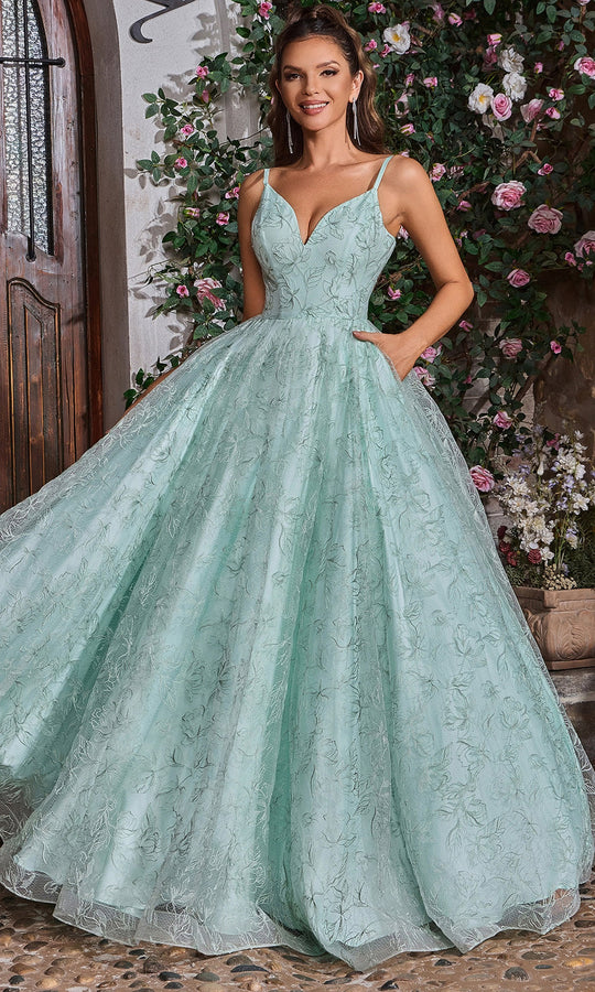 J'Adore Dresses J26017 - Deep V-Neck Lace Bodice Ballgown
