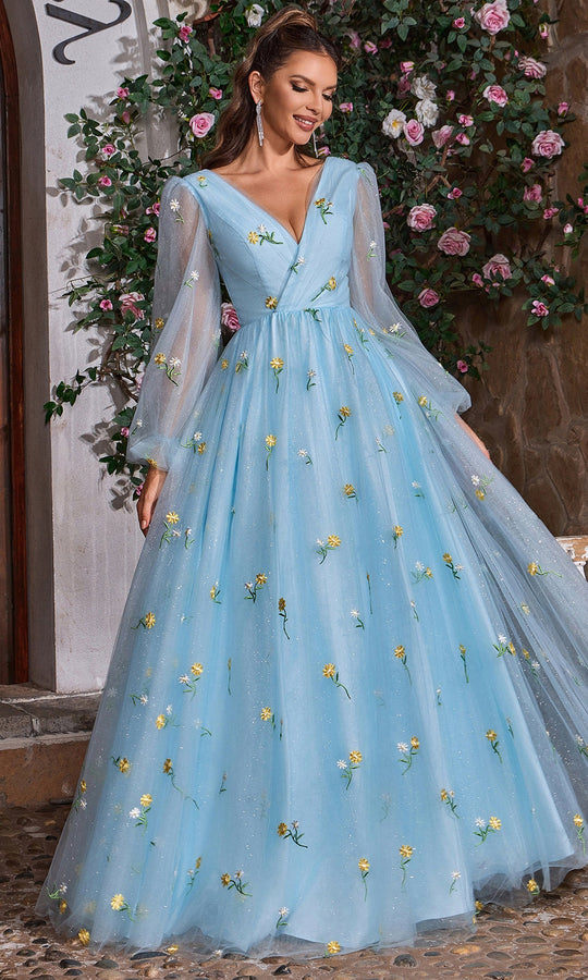 J'Adore Dresses J26033 - Floral Long Sleeve A-Line Evening Gown