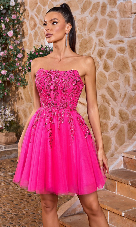 J'Adore Dresses J26076 - Beaded Floral Strapless Tulle Dress