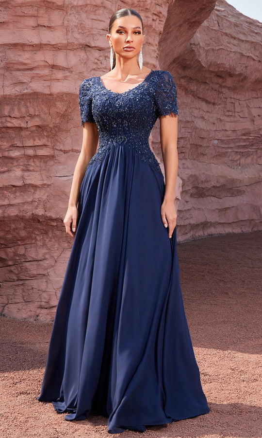 J'Adore Dresses JM406 - Illusion Short Sleeve Beaded Evening Gown