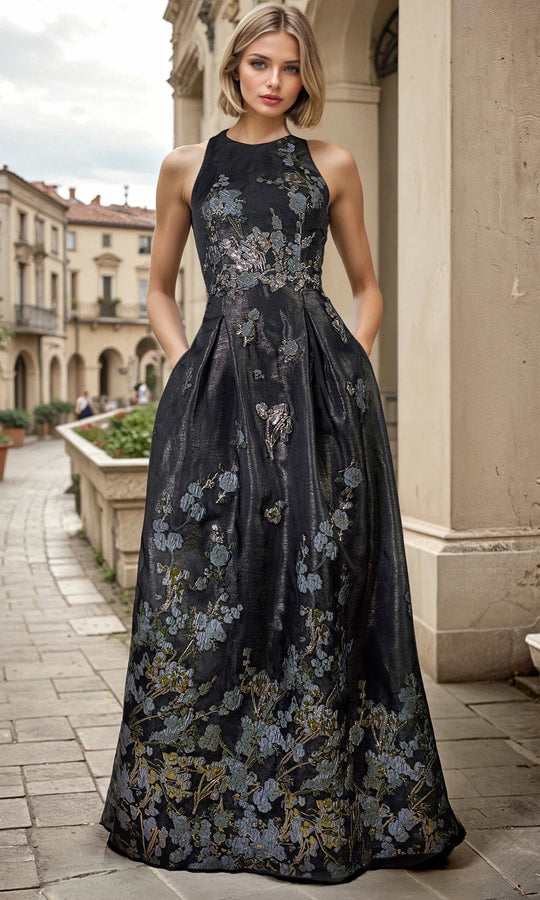 Janique 1048 - Halter Floral Textured Formal Gown