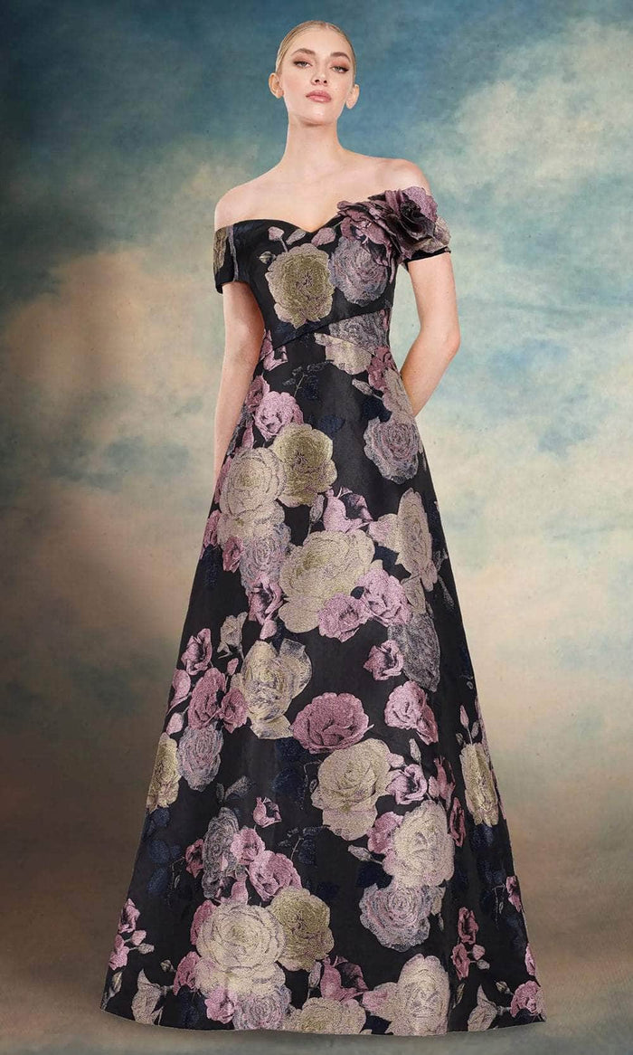 Janique 10621 - Floral Print Off Shoulder A-Line Gown Mother of the Bride Dresses 2 / Black