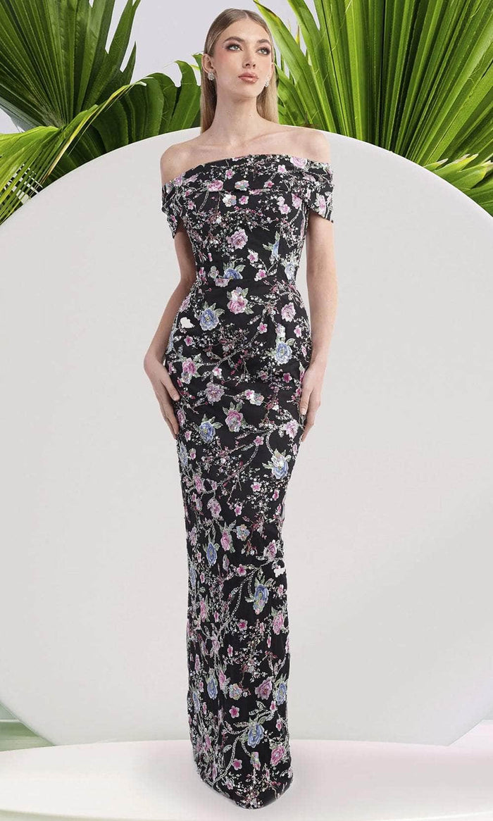 Janique 2444 - Floral Print Sheath Long Dress Prom Dresses 2 / Black