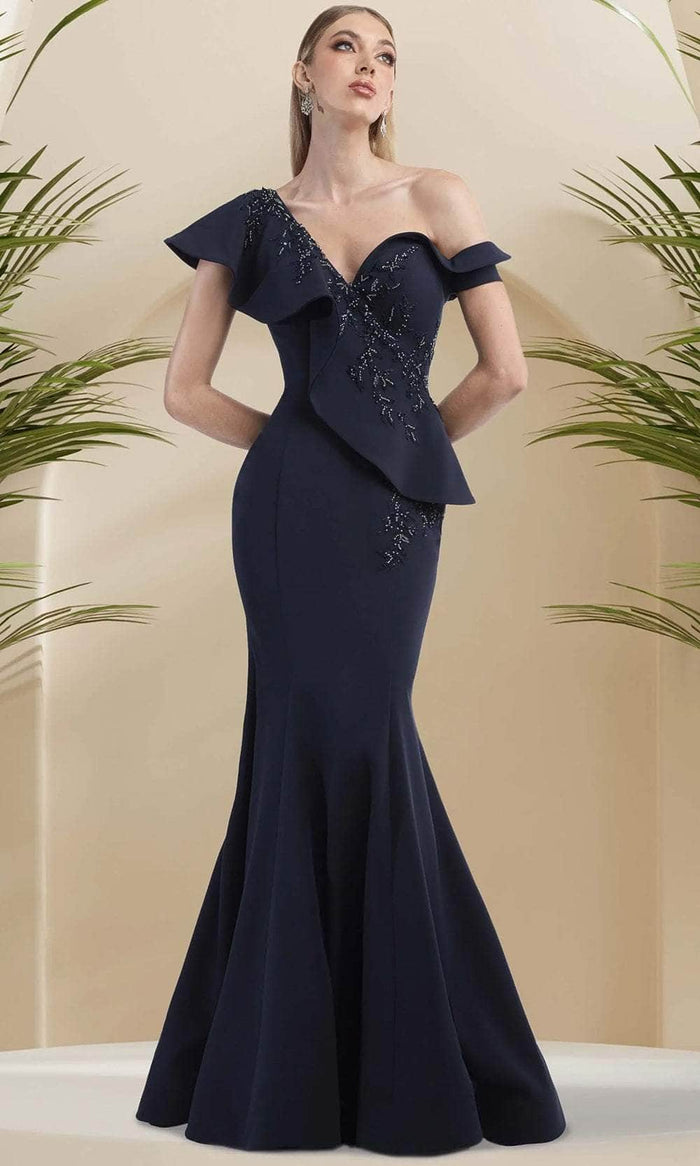 Janique 24986 - Asymmetrical Neckline Mermaid Evening Gown Evening Dresses 2 / Navy