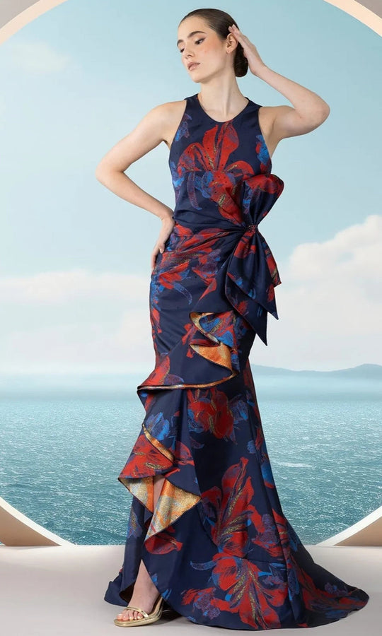 Janique 2502 - Ruffled Floral Scoop Mermaid Evening Gown