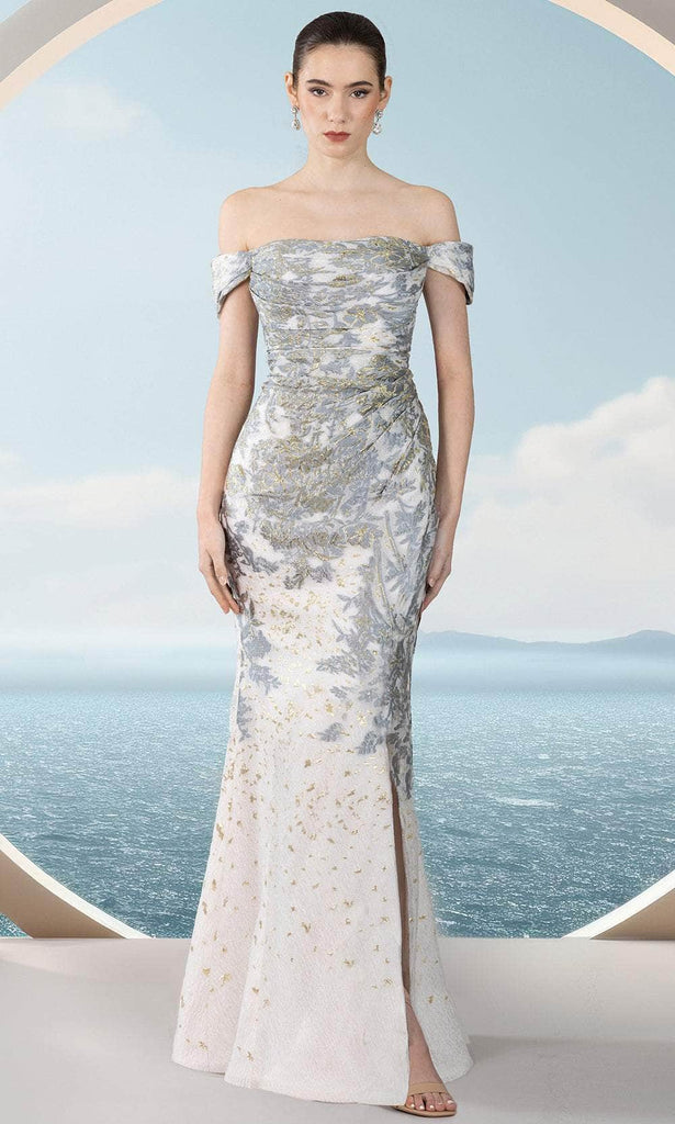 Janique 251021 - Long Mermaid Dress - Pleated Bodice, with Metallic Accents, Detachable Quarter Sleeves, Midrise Back, High Slit, Floor Length Hem 16 Janique 251021 - Long Mermaid Dress - Pleated Bodice, with Metallic Accents, Detachable Quarter Sleeves, Midrise Back, High Slit, Floor Length Hem 16