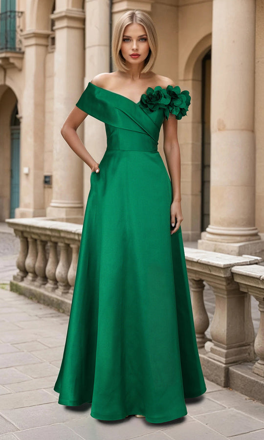 Janique 2606 - Floral Accent A-Line Evening Gown