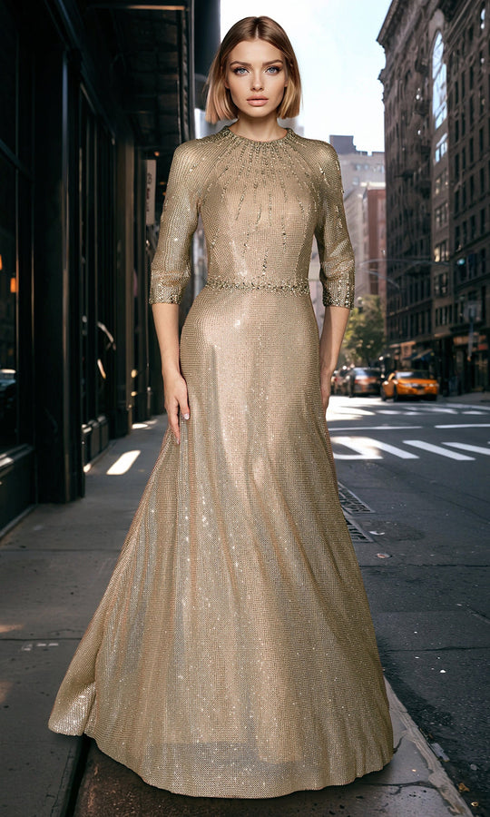 Janique 2610 - Embellished Quarter-Sleeve Mermaid Evening Dress