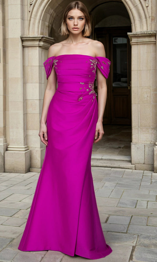 Janique 2619 - Embellished Off Shoulder Mermaid Evening Dress