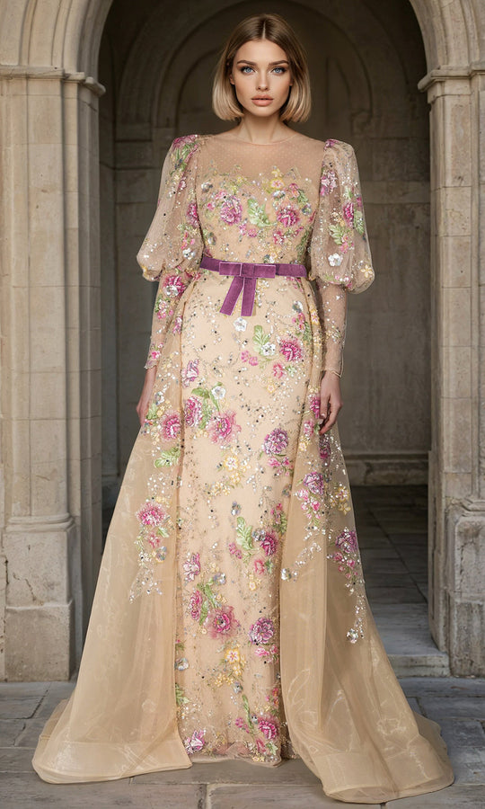 Janique 268003 - Floral Bishop-Sleeve A-Line Evening Gown