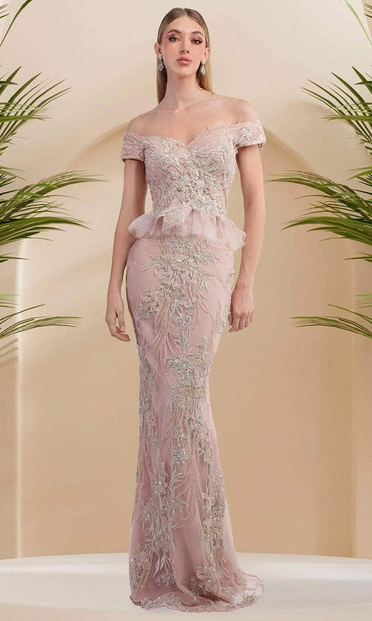 Janique 9639 - Beaded Off Shoulder Gown with Overskirt