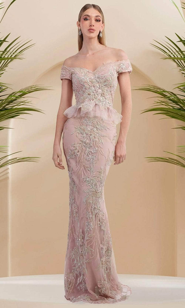Janique 9639 - Beaded Off Shoulder Gown with Overskirt Prom Dresses 2 / Blush