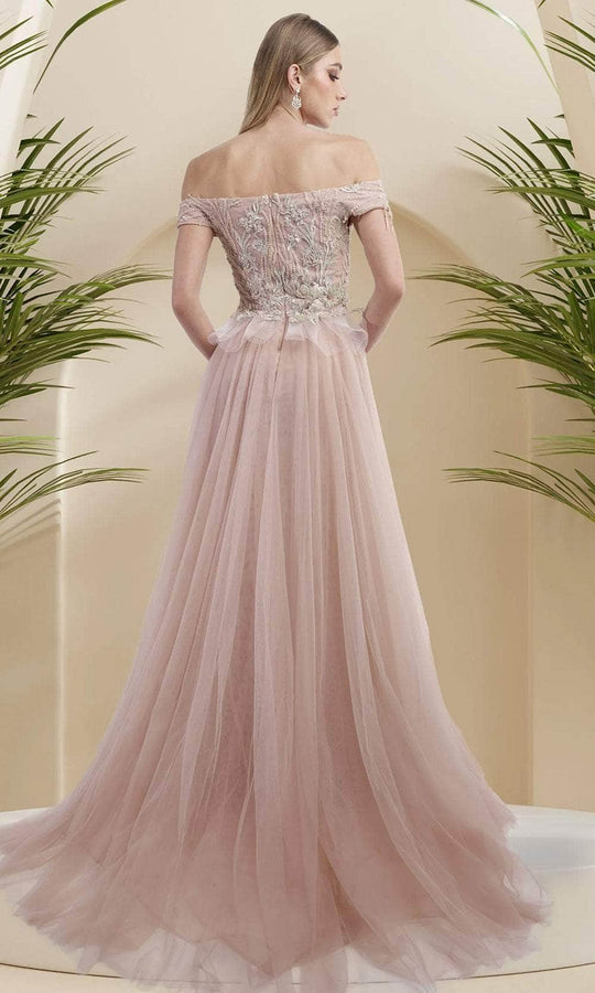 Janique 9639 - Beaded Off Shoulder Gown with Overskirt