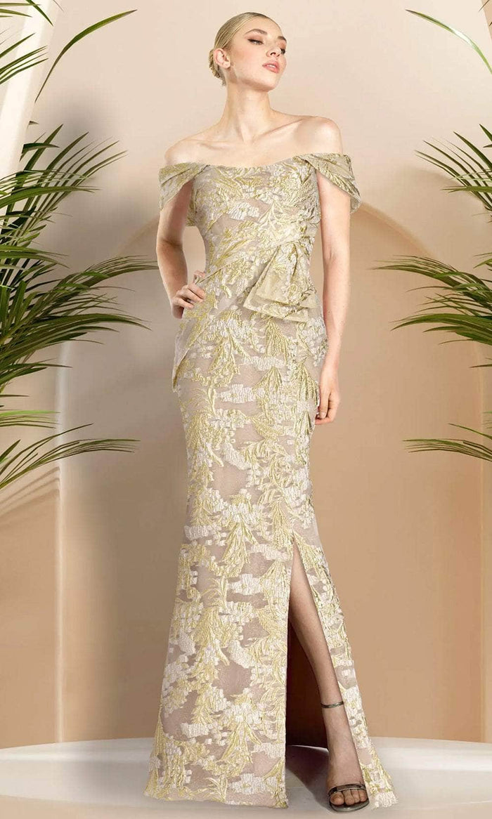 Janique G24920 - Off Shoulder Slit Mermaid Gown Prom Dresses 2 / Gold