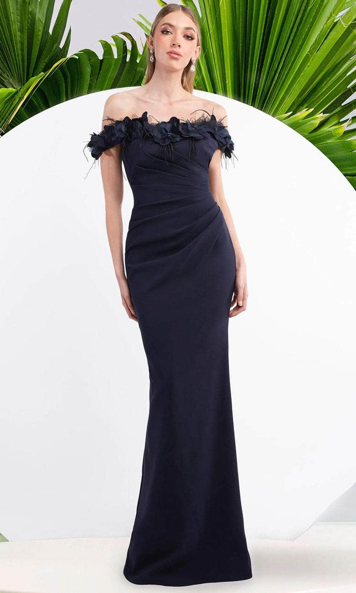 Janique W3016 - Floral Off Shoulder Long Dress Prom Dresses 2 / Navy