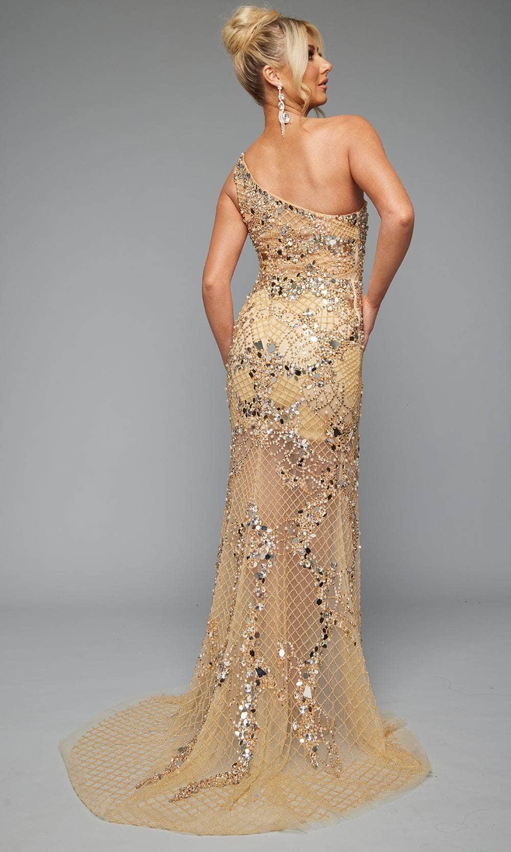 7653 Jasz Couture 7653 - Long Mesh Sheath Dress - One-Shoulder Neckline ...